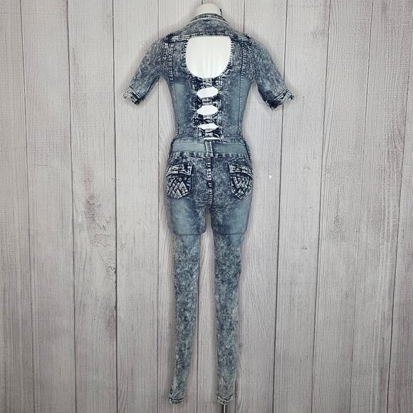 Y2K Acid Wash Distressed Denim Jumpsuit w Cut-outs, Bows & Woven Accents, sz 5 - Picture 9 of 14